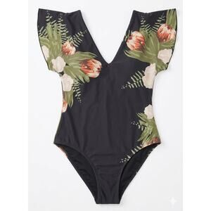 Floral Flutter Sleeve One Piece Swimsuit V-Neck Protea Print Black Size L